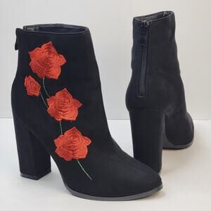 Boho Chic Sz 4 Booties Black Embroidery Red Rose Zip 4" Block Heel Grunge Goth